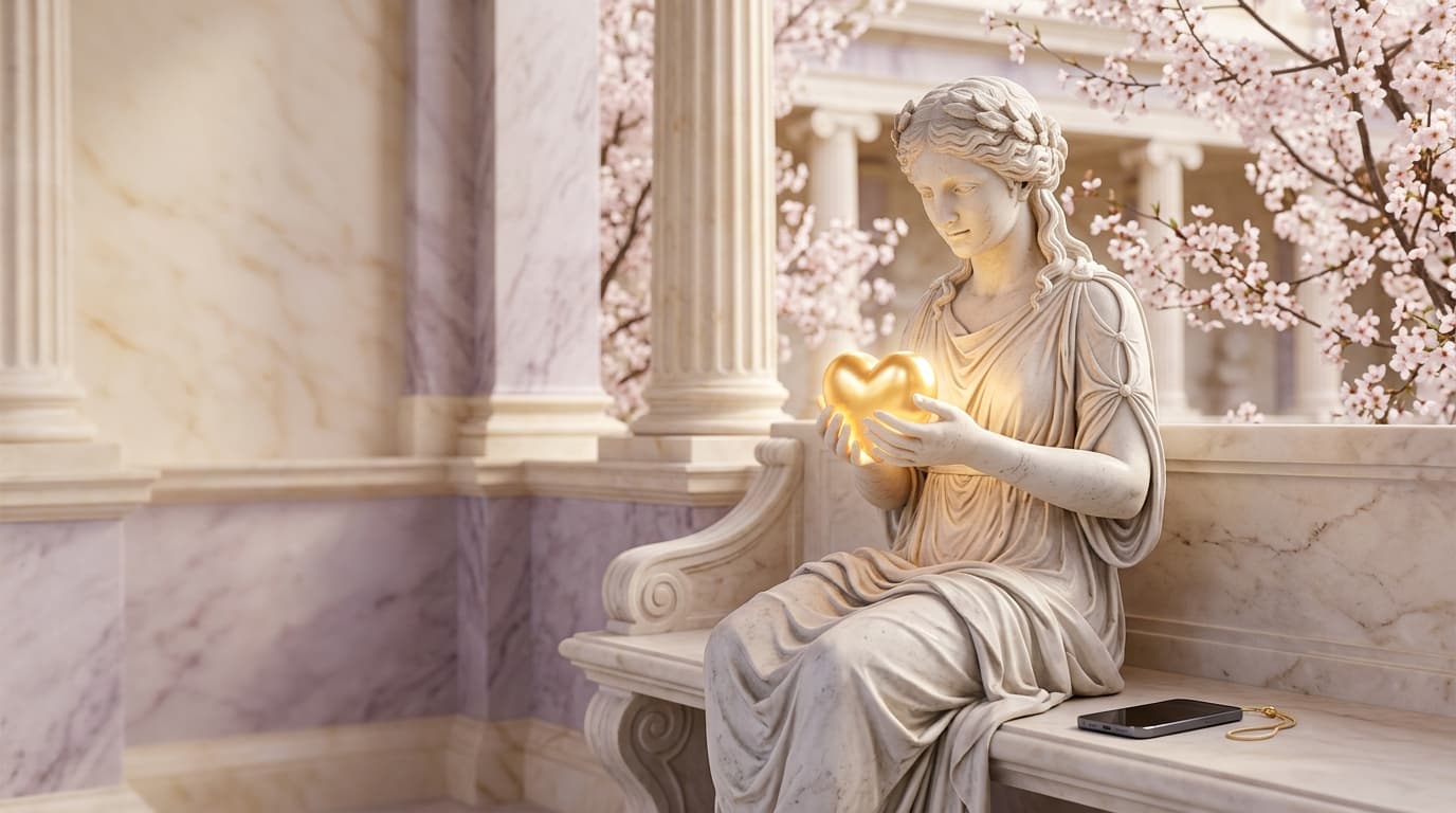 A marble Aphrodite seated in a colonnade, holding a glowing heart beside a phone