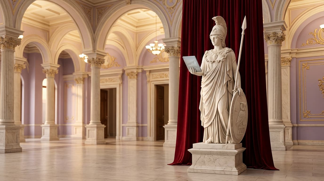 A marble Athena in a columned hall, holding a tablet labeled Aphria