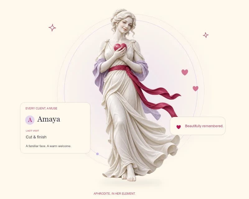 Aphrodite holding a heart beside a sample client card, last visit cut and finish