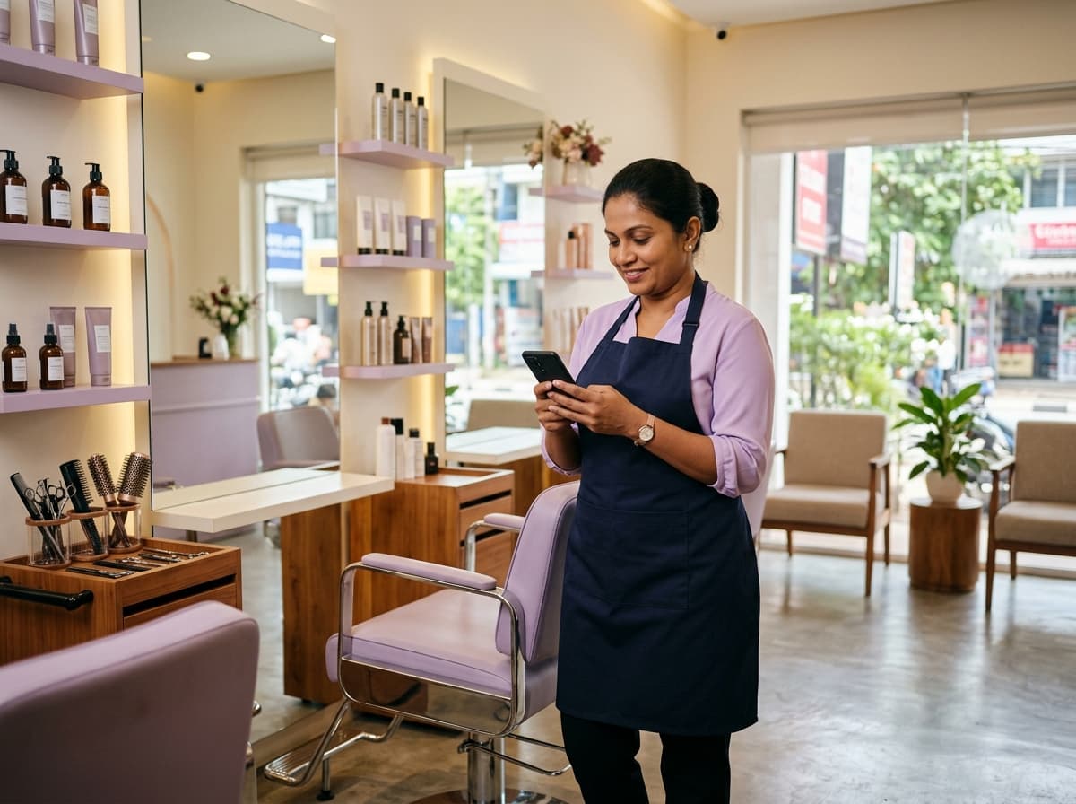 A salon professional checking her phone between clients